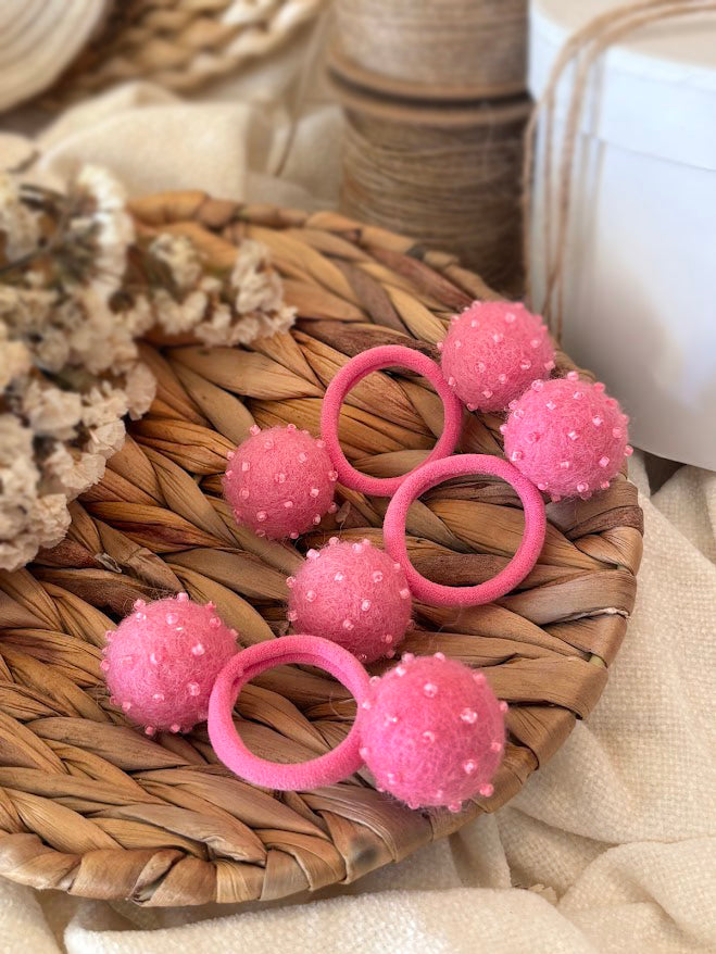 Hot Pink Pom Pom Hair Ties, Set of 2, with Beads