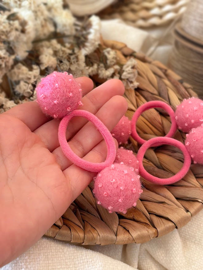 Hot Pink Pom Pom Hair Ties, Set of 2, with Beads
