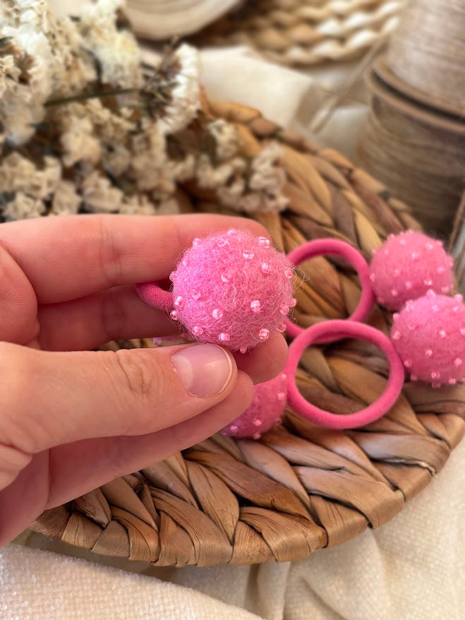 Hot Pink Pom Pom Hair Ties, Set of 2, with Beads