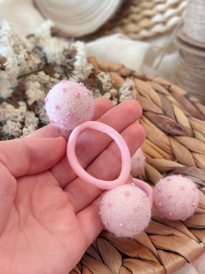 Light Pink Pom Pom Hair Ties, Set of 2, with beads