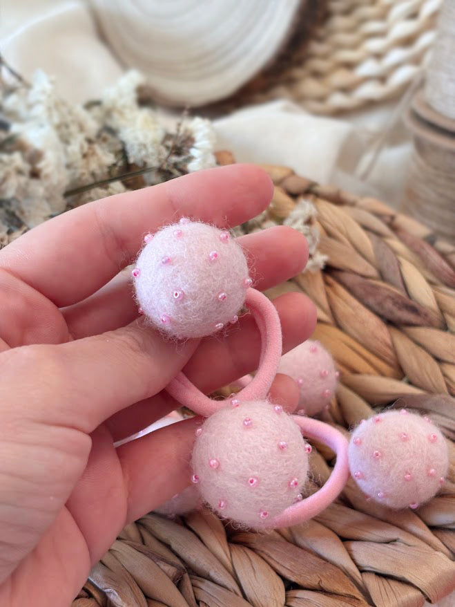 Light Pink Pom Pom Hair Ties, Set of 2, with beads