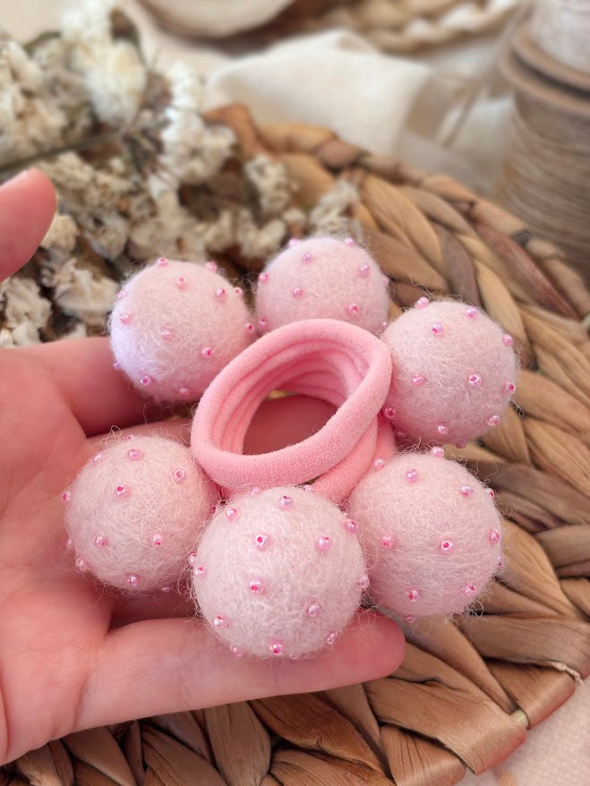 Light Pink Pom Pom Hair Ties, Set of 2, with beads