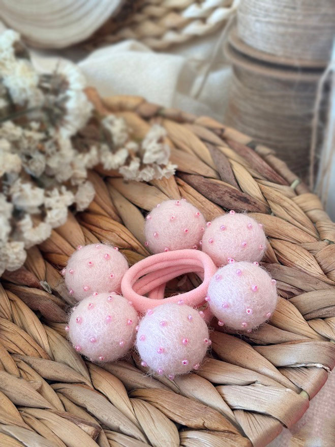 Light Pink Pom Pom Hair Ties, Set of 2, with beads