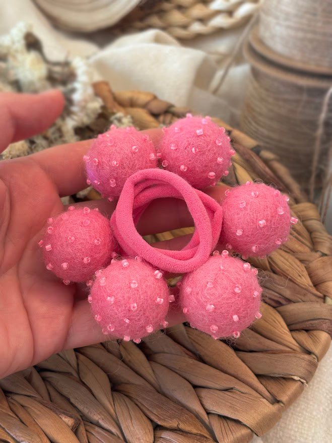 Hot Pink Pom Pom Hair Ties, Set of 2, with Beads