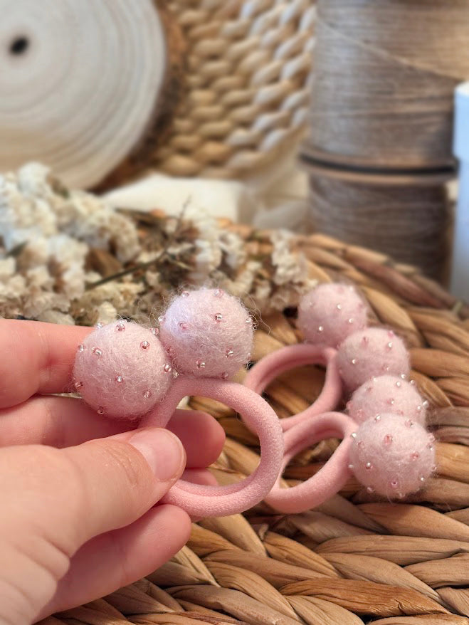 Light Pink Pom Pom Hair Ties, Set of 2, with Pink Beads