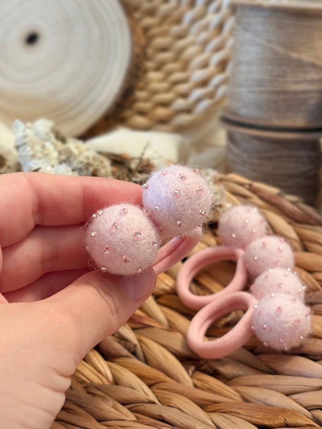 Light Pink Pom Pom Hair Ties, Set of 2, with Pink Beads