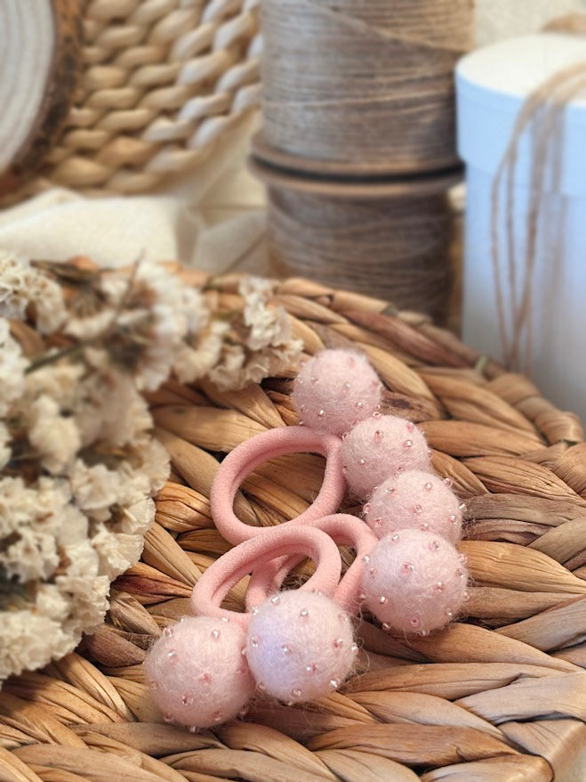Light Pink Pom Pom Hair Ties, Set of 2, with Pink Beads