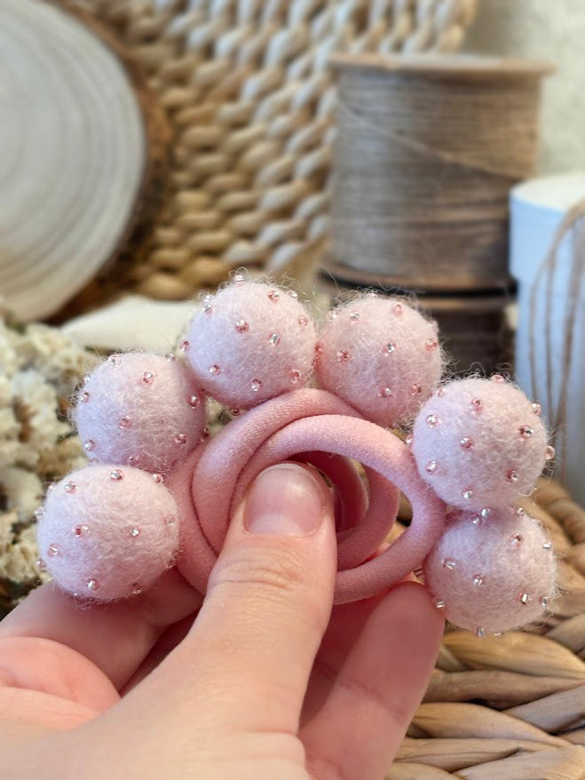 Light Pink Pom Pom Hair Ties, Set of 2, with Pink Beads