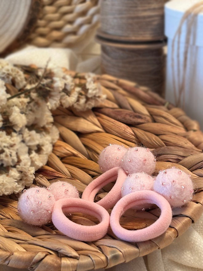 Light Pink Pom Pom Hair Ties, Set of 2, with Pink Beads