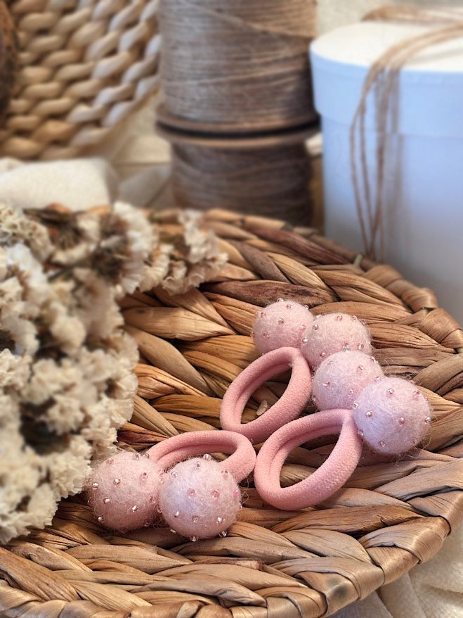 Light Pink Pom Pom Hair Ties, Set of 2, with Pink Beads