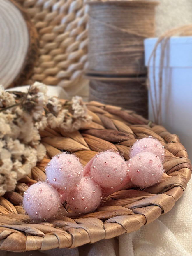 Light Pink Pom Pom Hair Ties, Set of 2, with Pink Beads