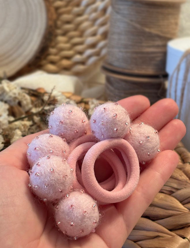 Light Pink Pom Pom Hair Ties, Set of 2, with Pink Beads