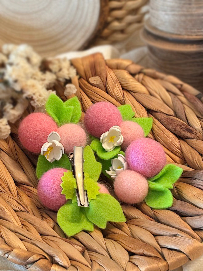 Berry Hair Clips Set of 2 - Wool Pom Poms with Foam Flowers