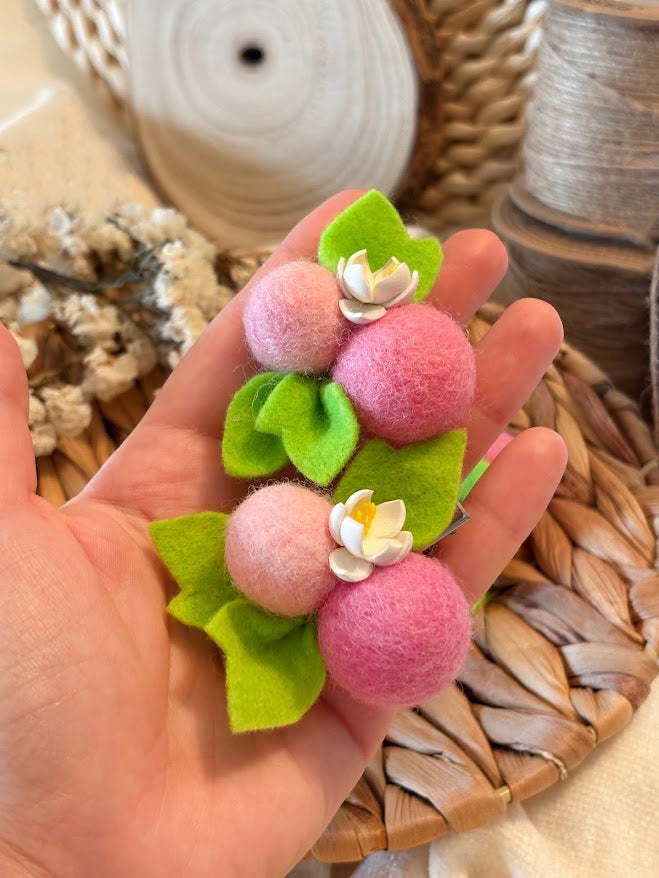 Berry Hair Clips Set of 2 - Wool Pom Poms with Foam Flowers
