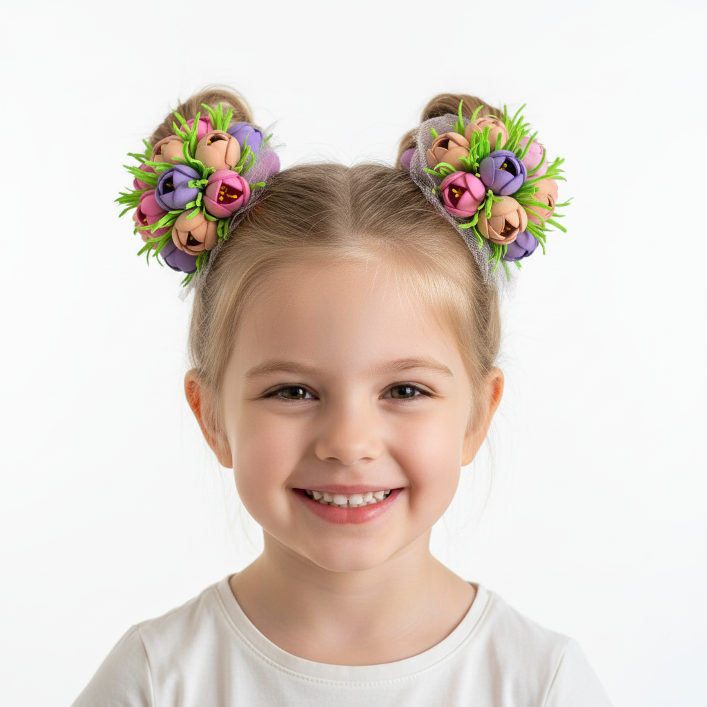 Floral Hair Ties Set of 2 - Purple Pink Beige Foam Flowers