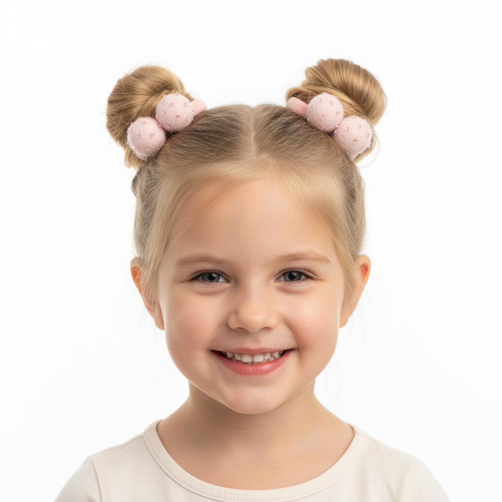 Light Pink Pom Pom Hair Ties, Set of 2, with Pink Beads