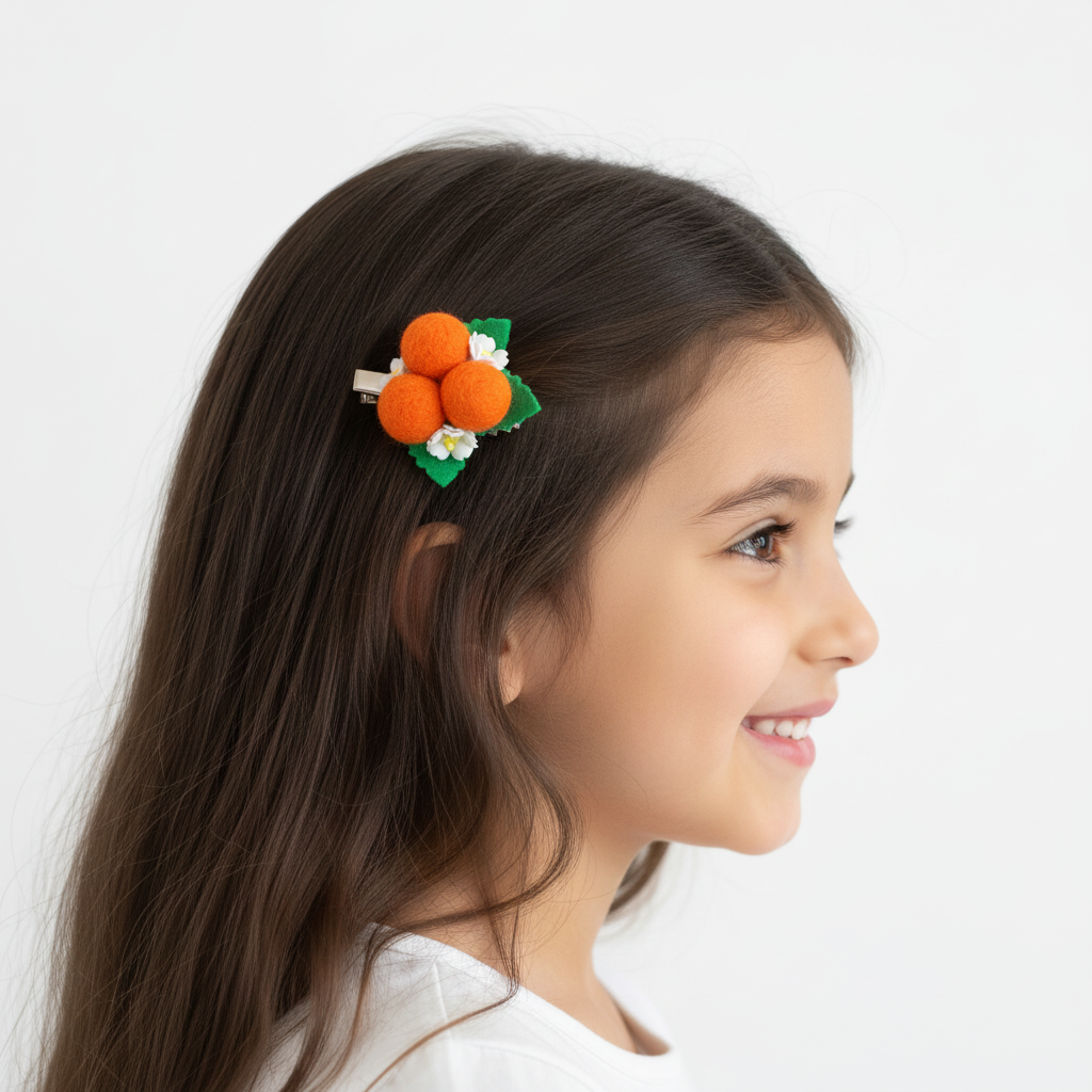 Orange Pom Pom Hair Ties Set of 2 - Wool Balls with Foam Flowers