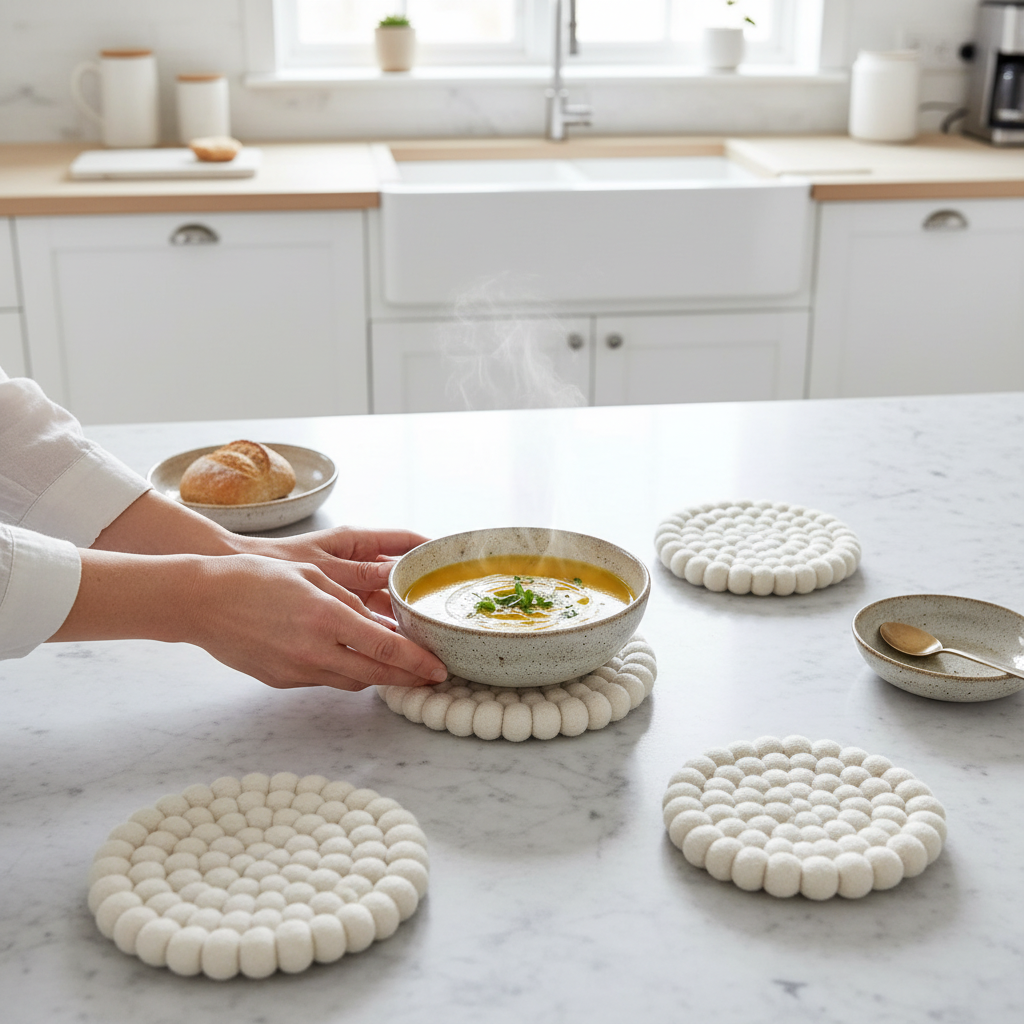 Wool Ball Trivet - Natural White Round shape