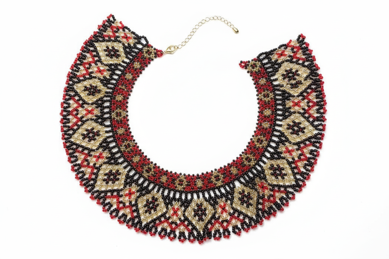 Luxurious Red Black and Gold Beaded Collar Necklace
