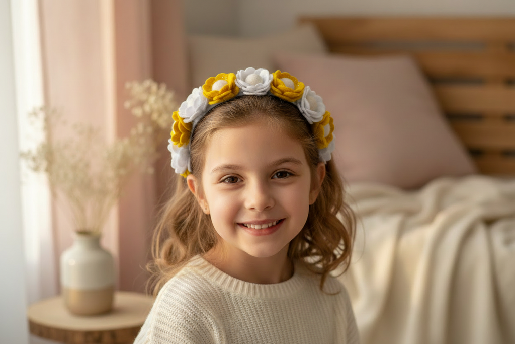 Handmade Girls Floral Hair Band - Yellow & White