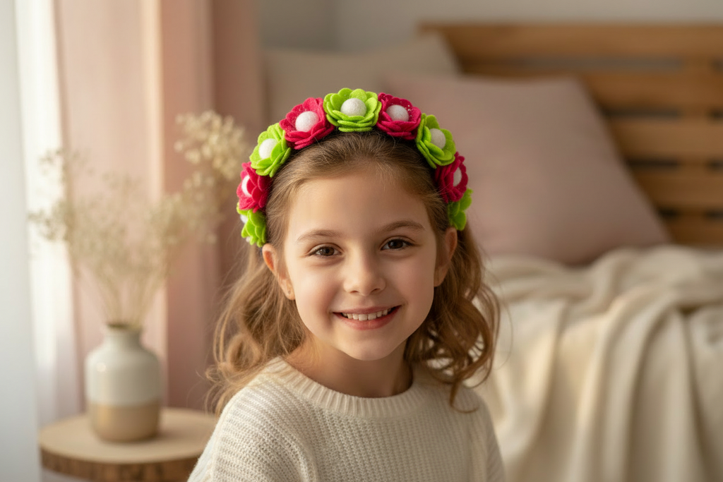 Handmade Girls Floral Hair Band - Green & Magenta