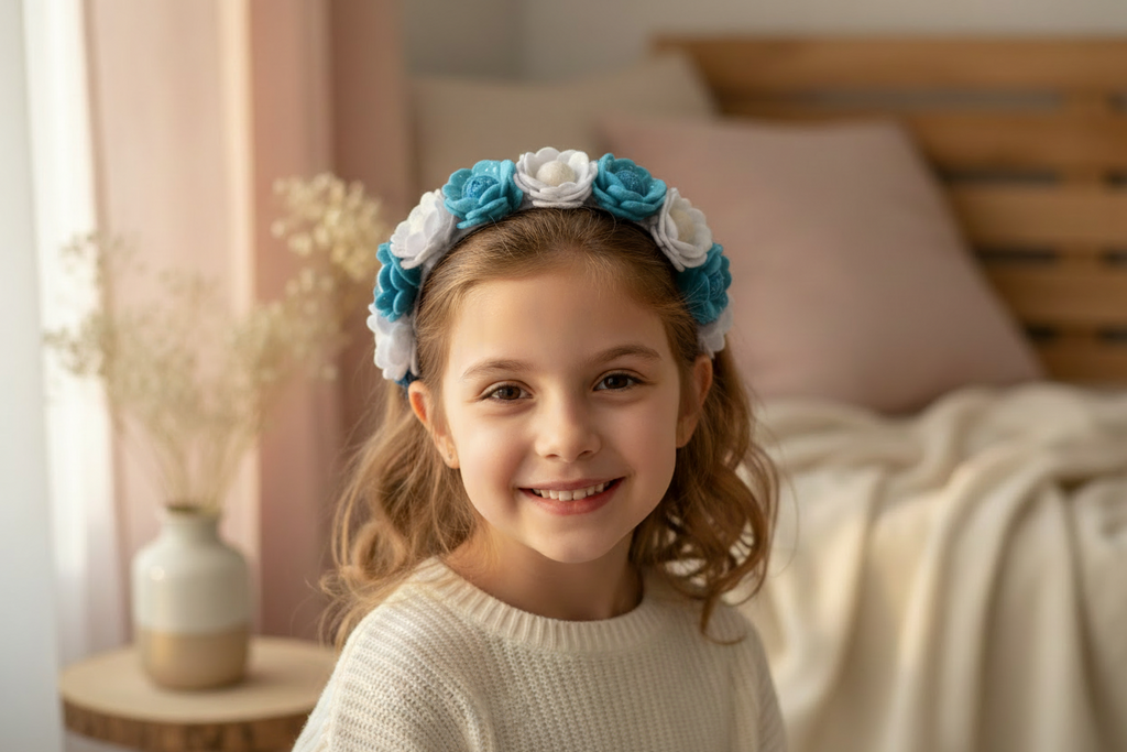 Handmade Girls Floral Hair Band - Sky Blue & White