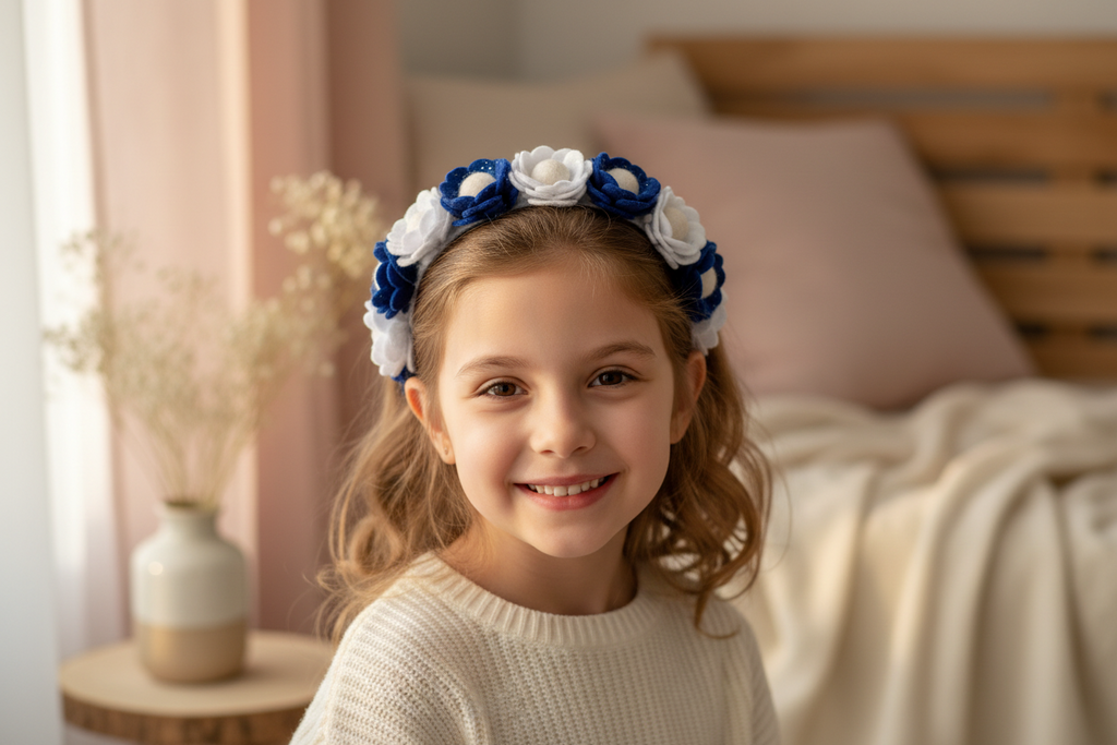 Handmade Girls Floral Hair Band - Navy & White