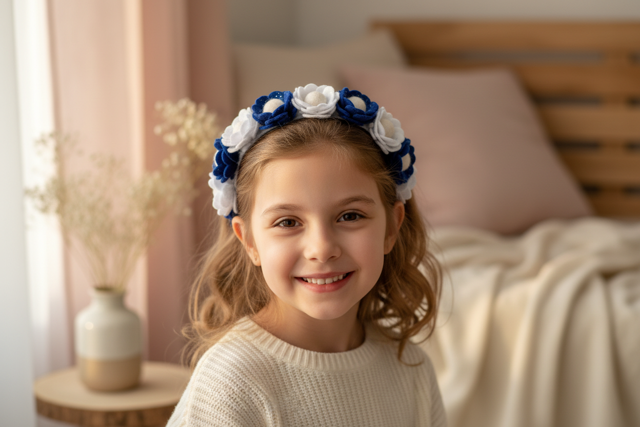 Handmade Girls Floral Hair Band - Navy & White