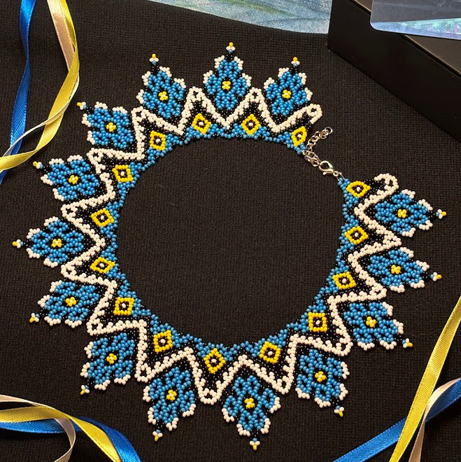 Blue Geometric Beaded Collar Necklace