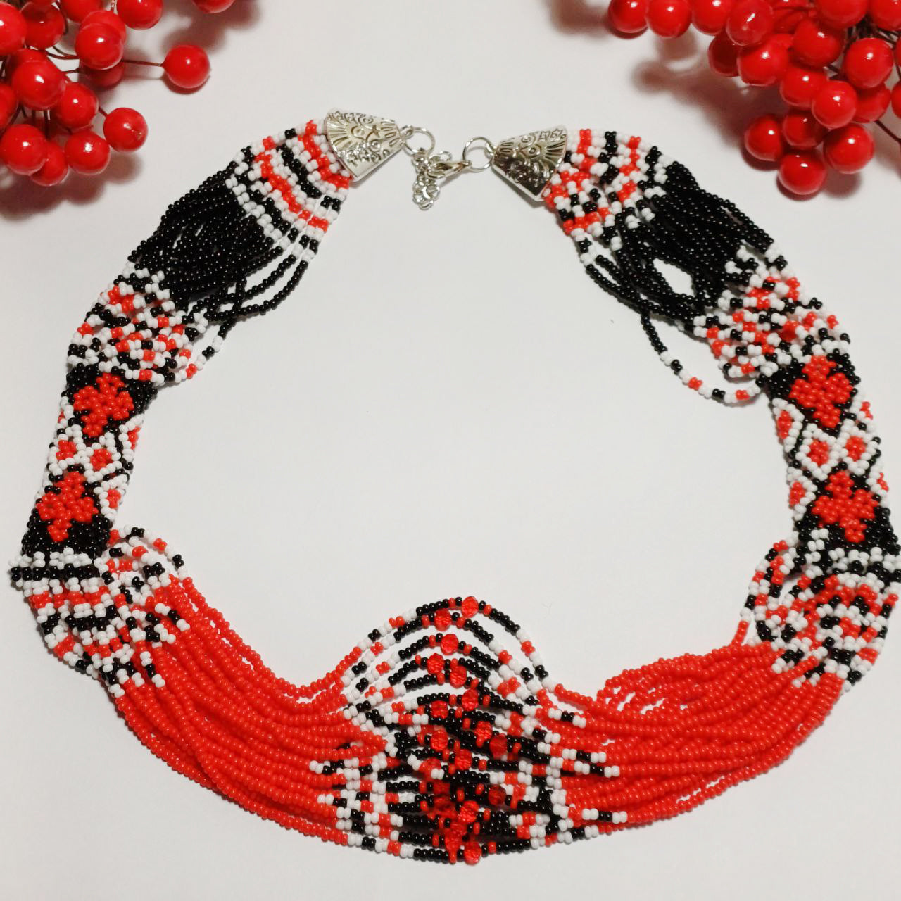 Red and Black Beaded Necklace with Traditional Pattern