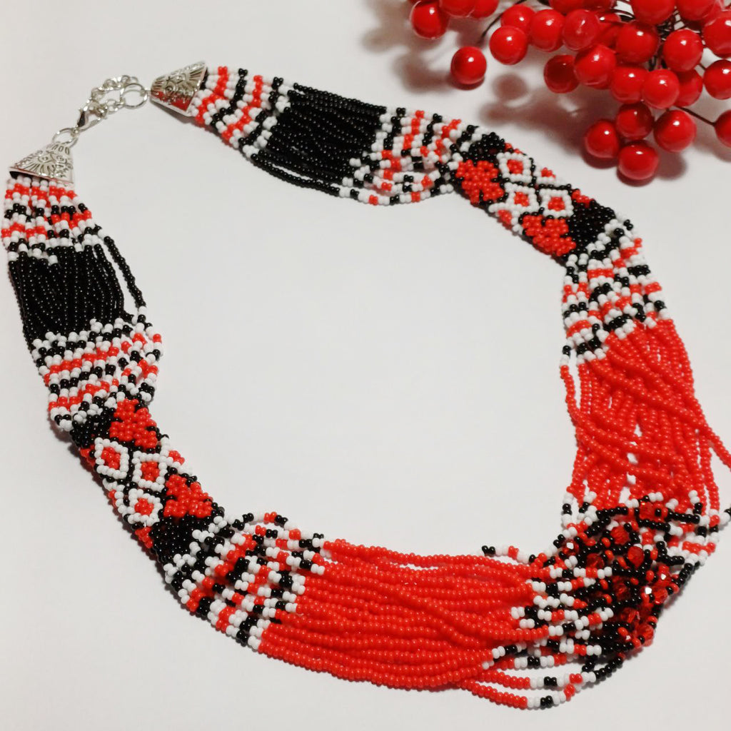 Red and Black Beaded Necklace with Traditional Pattern