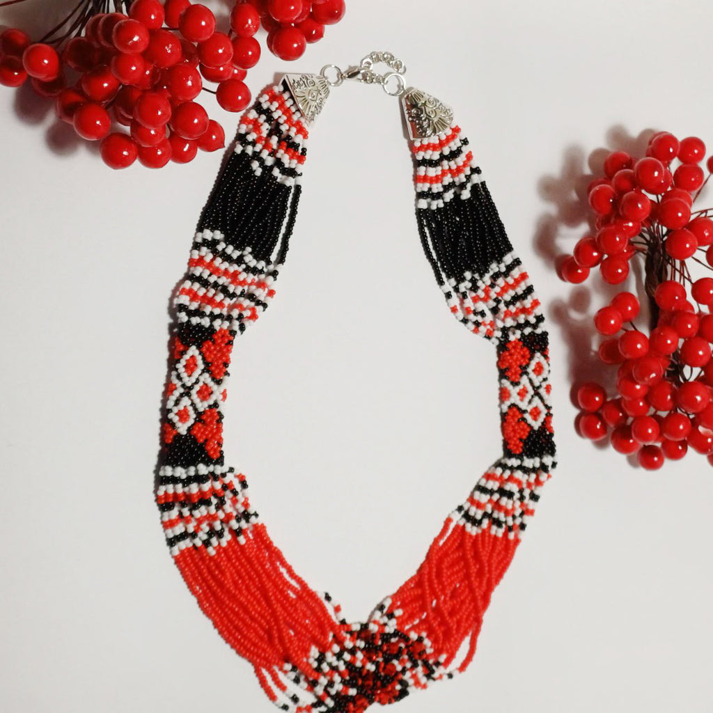 Red and Black Beaded Necklace with Traditional Pattern