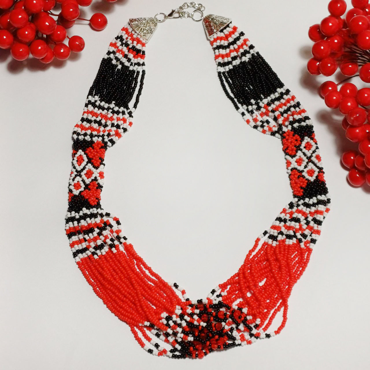 Red and Black Beaded Necklace with Traditional Pattern