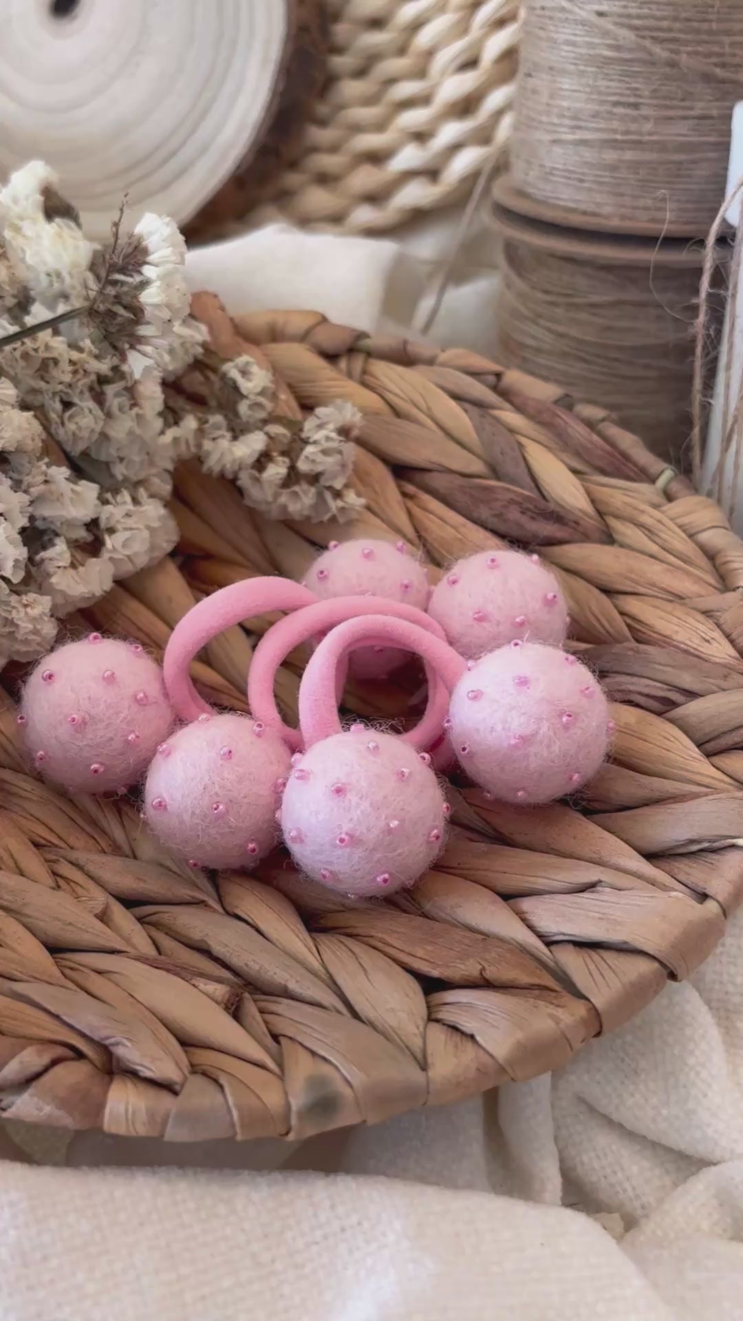 Light Pink Pom Pom Hair Ties, Set of 2, with beads