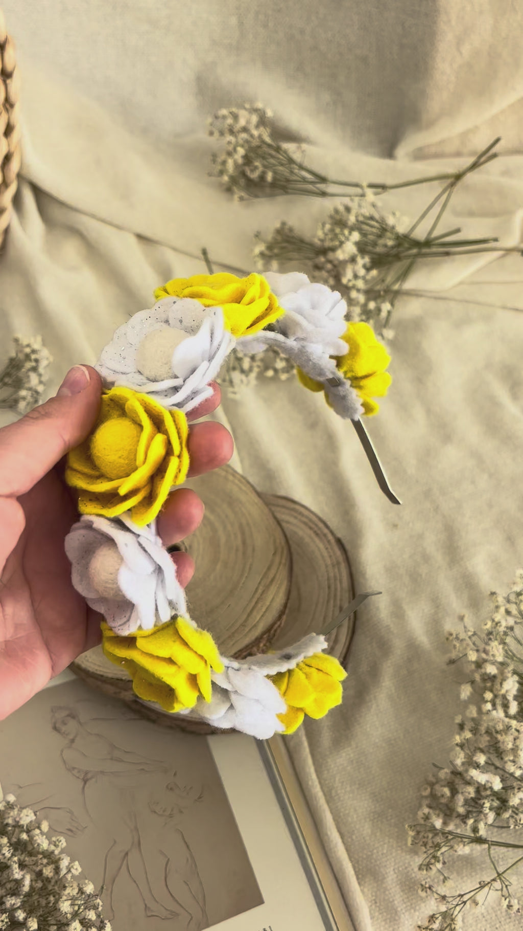 Handmade Girls Floral Hair Band - Yellow & White