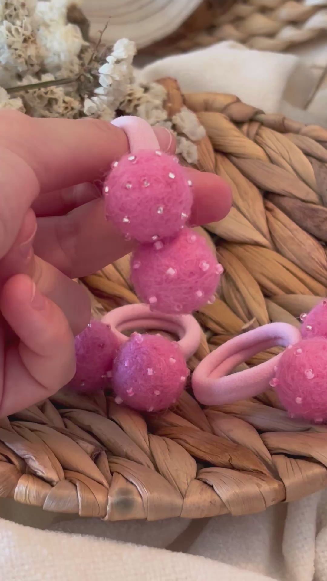 Hot Pink Pom Pom Hair Ties, Set of 2, with Pink Beads