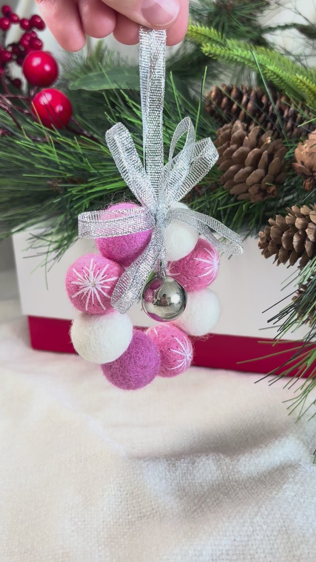 Handmade Wool Christmas Ornament with Pink Ribbon Bow