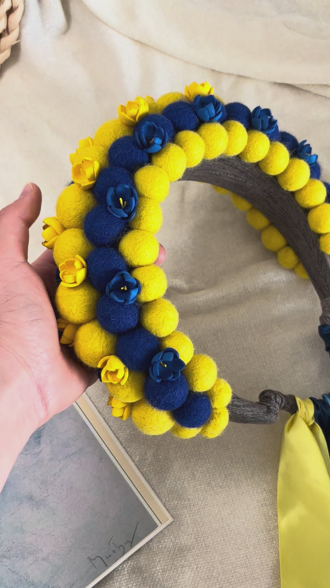Yellow and Blue Wool Ball Flower Crown with Satin Ribbons