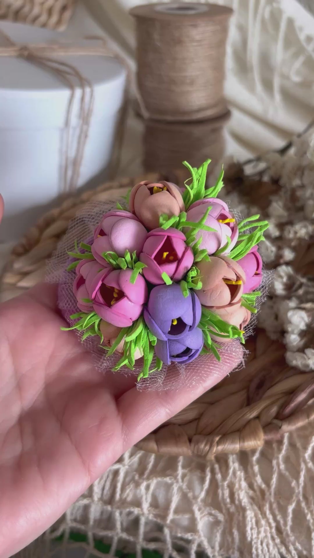 Floral Hair Ties Set of 2 - Purple Pink Beige Foam Flowers
