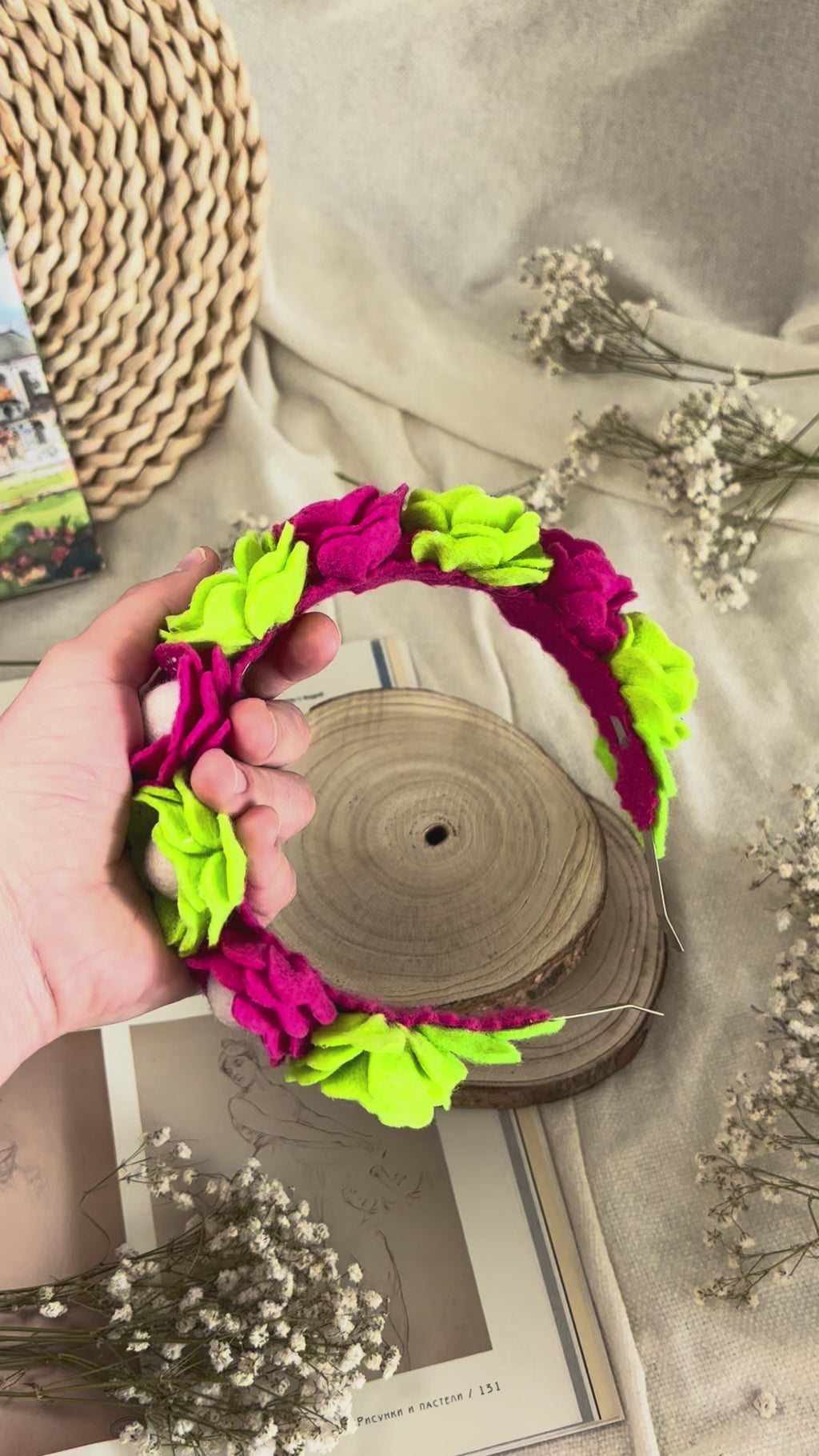 Handmade Girls Floral Hair Band - Green & Magenta