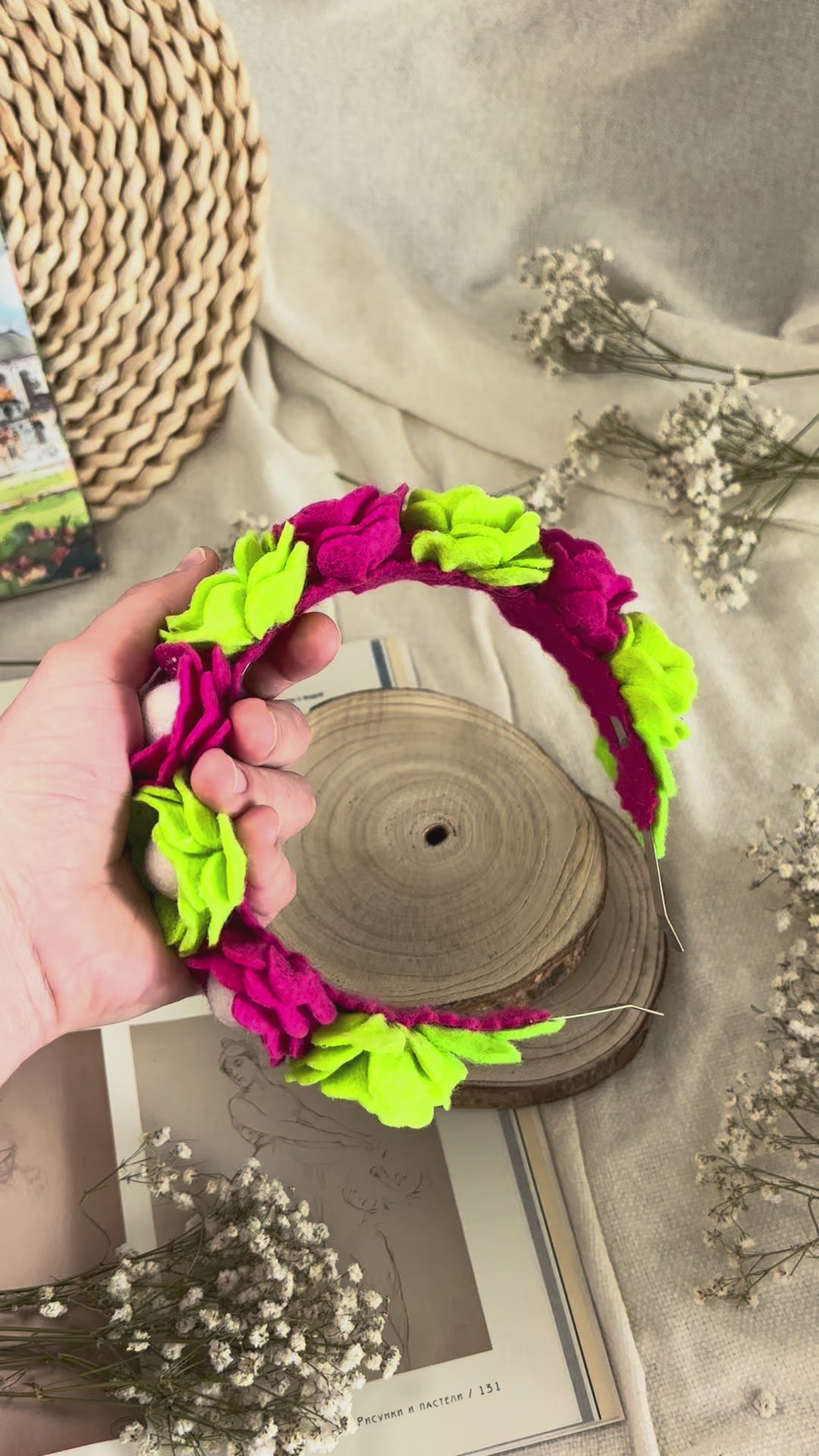 Handmade Girls Floral Hair Band - Green & Magenta