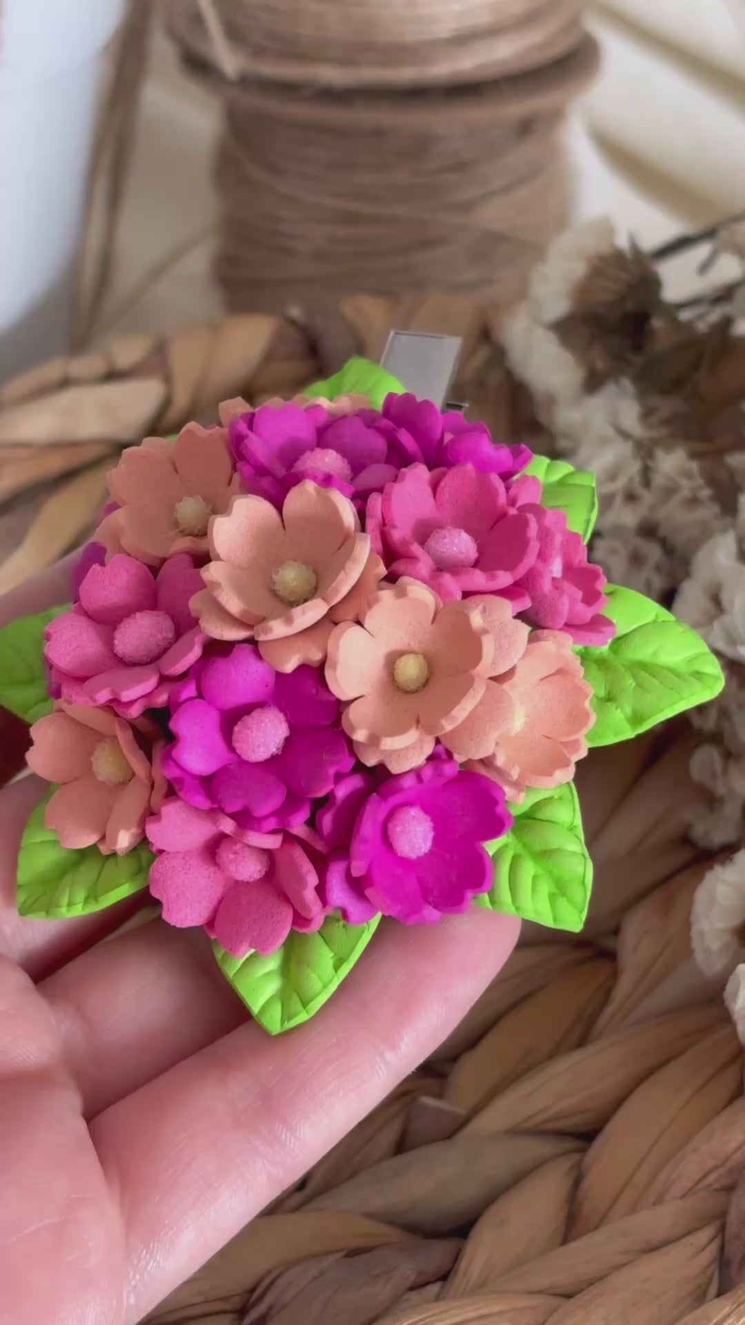 Flower Bouquet Hair Clip - Pink & Peach Foam Flowers with Green Leaves