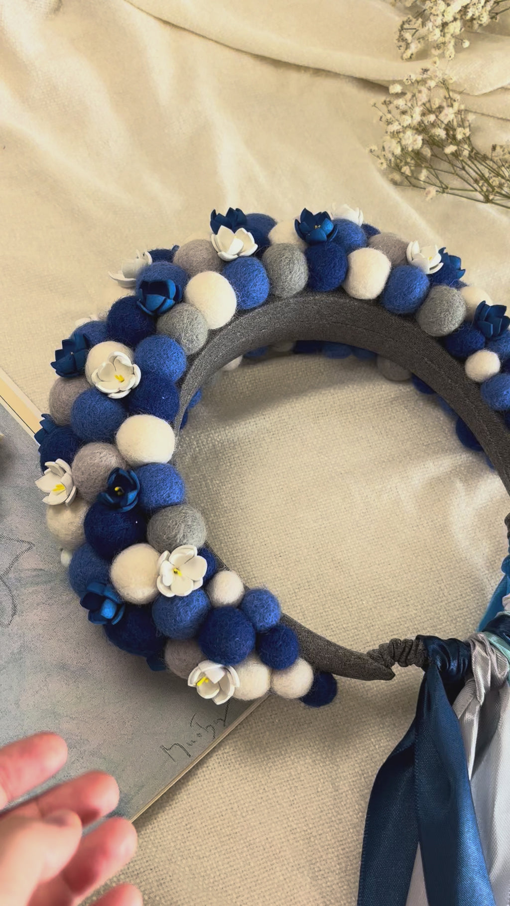 Navy Blue Wool Ball Flower Crown with Satin Ribbons