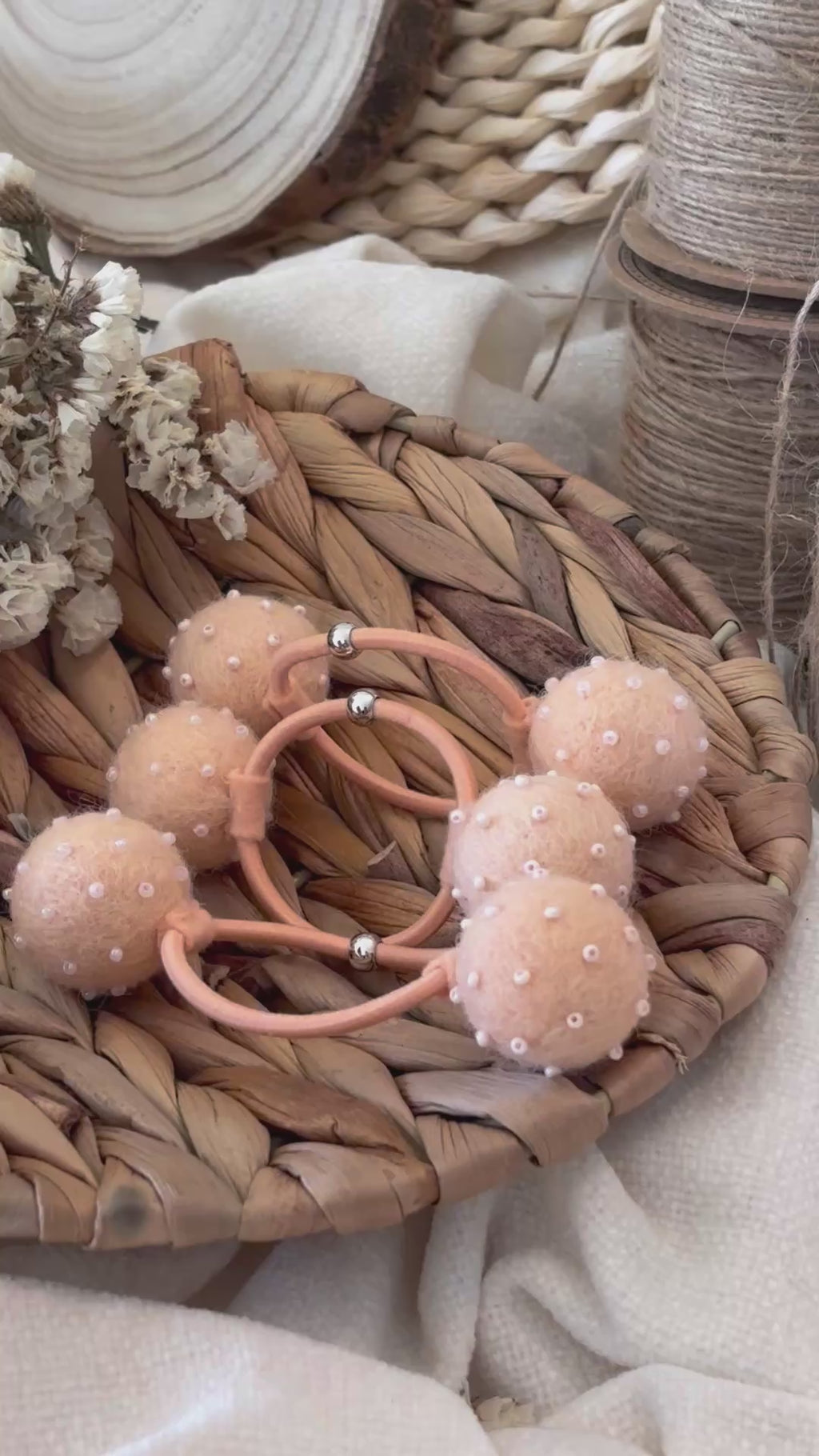 Beaded Pom Pom Hair Ties Set of 2 - Peach Pearl