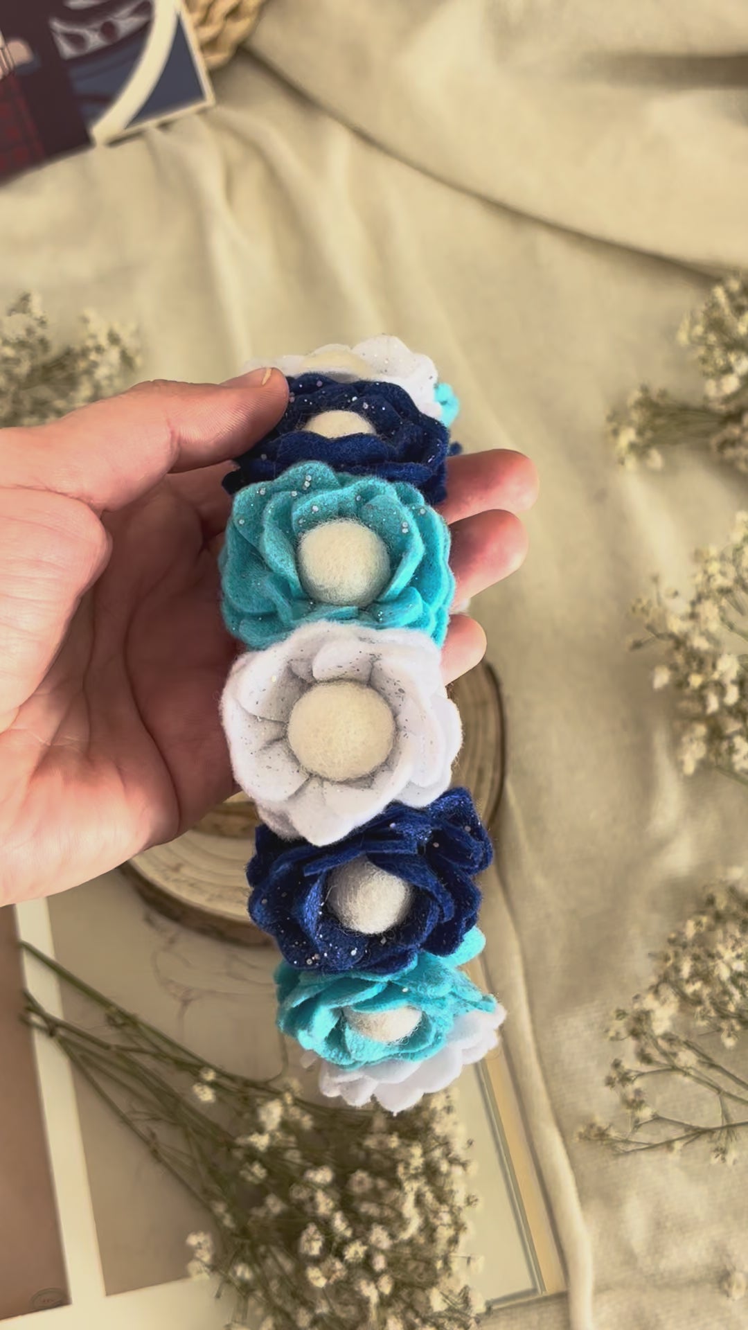 Handmade Girls Floral Hair Band - Blue, Navy & White