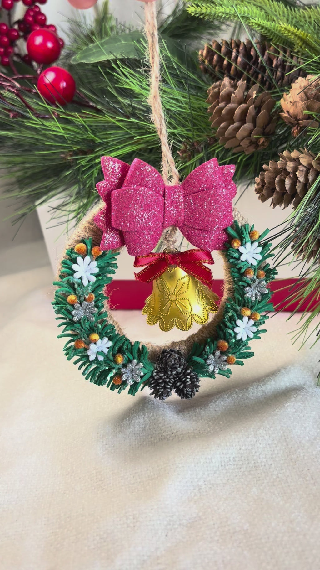 Handmade Christmas Wreath Ornament with Golden Bell and Pink Bow