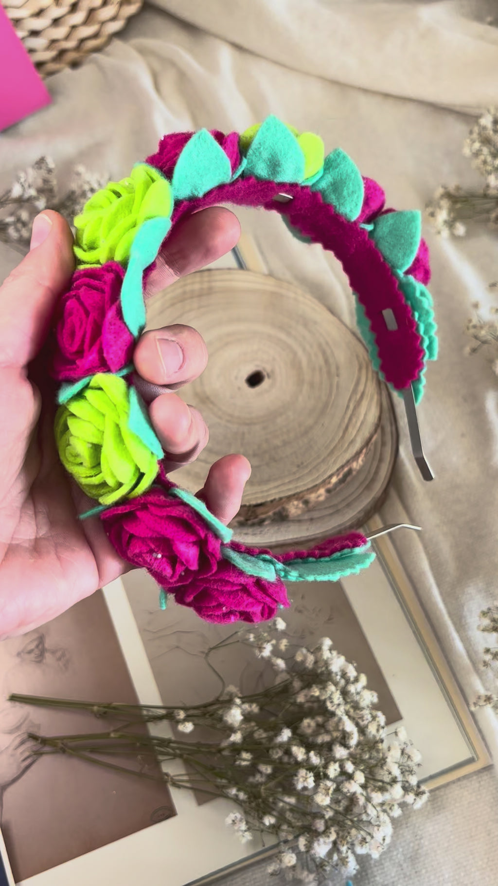 Handmade Girls Rose Hair Band - Green & Magenta