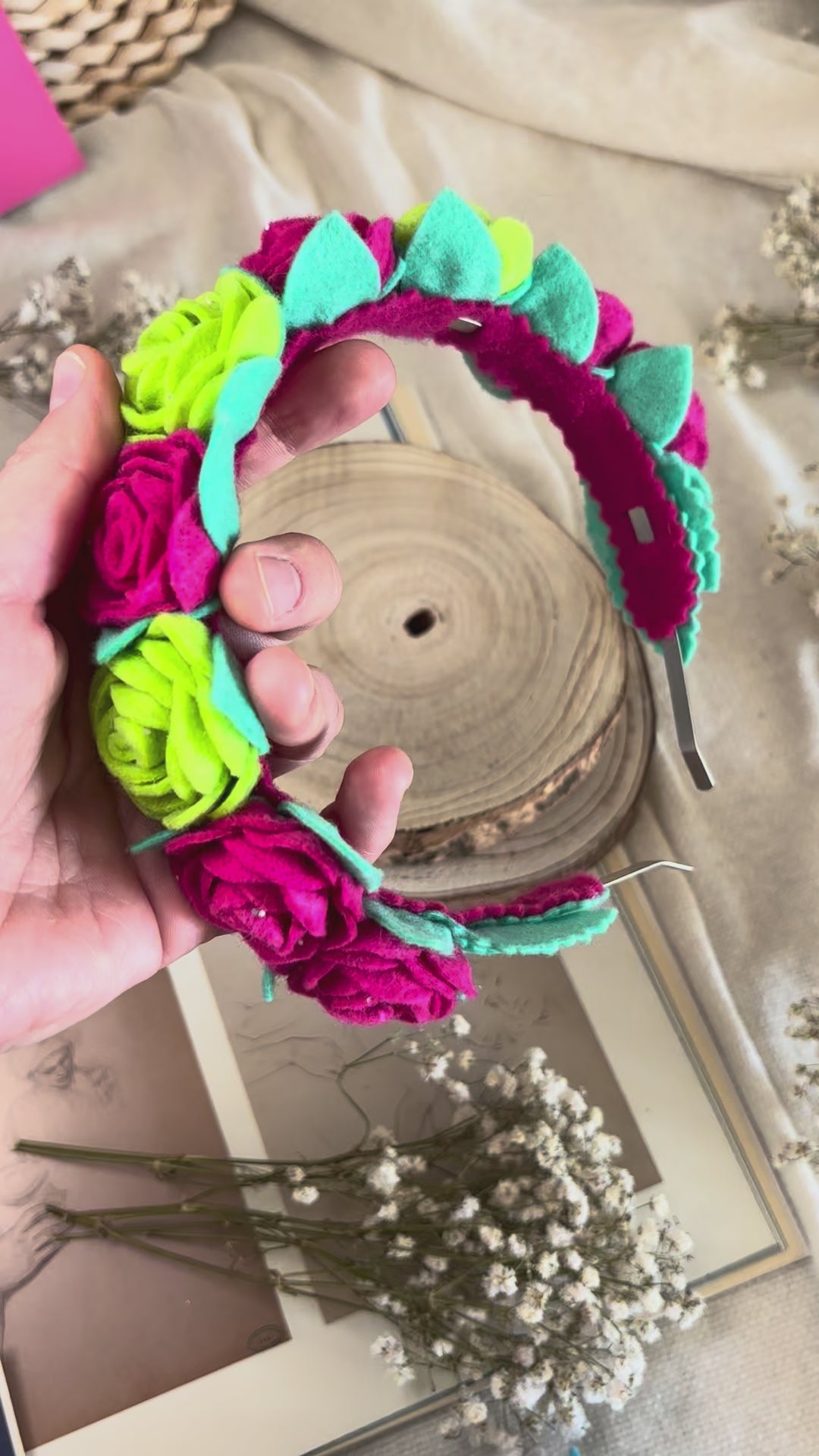 Handmade Girls Rose Hair Band - Green & Magenta