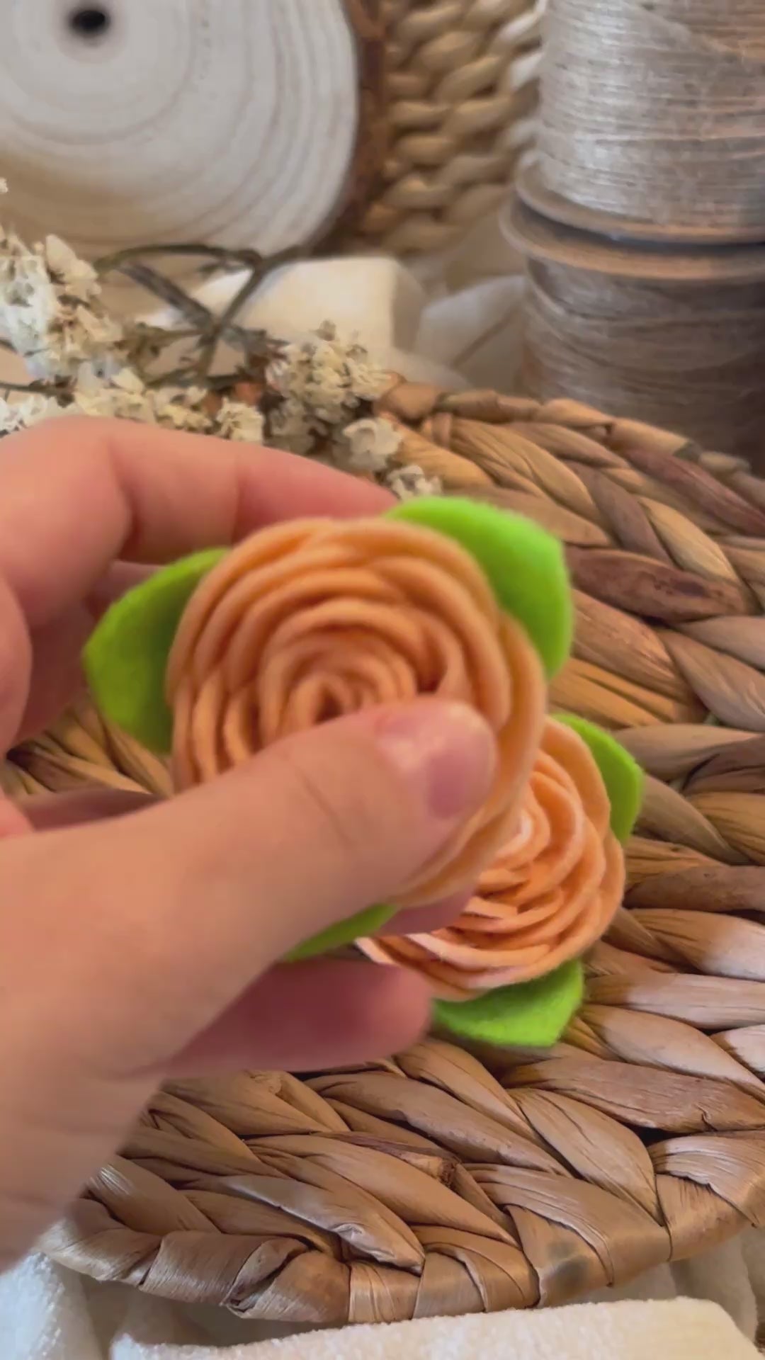 Peach Felt Rose Hair Ties, Set of 2, with Green Leaves