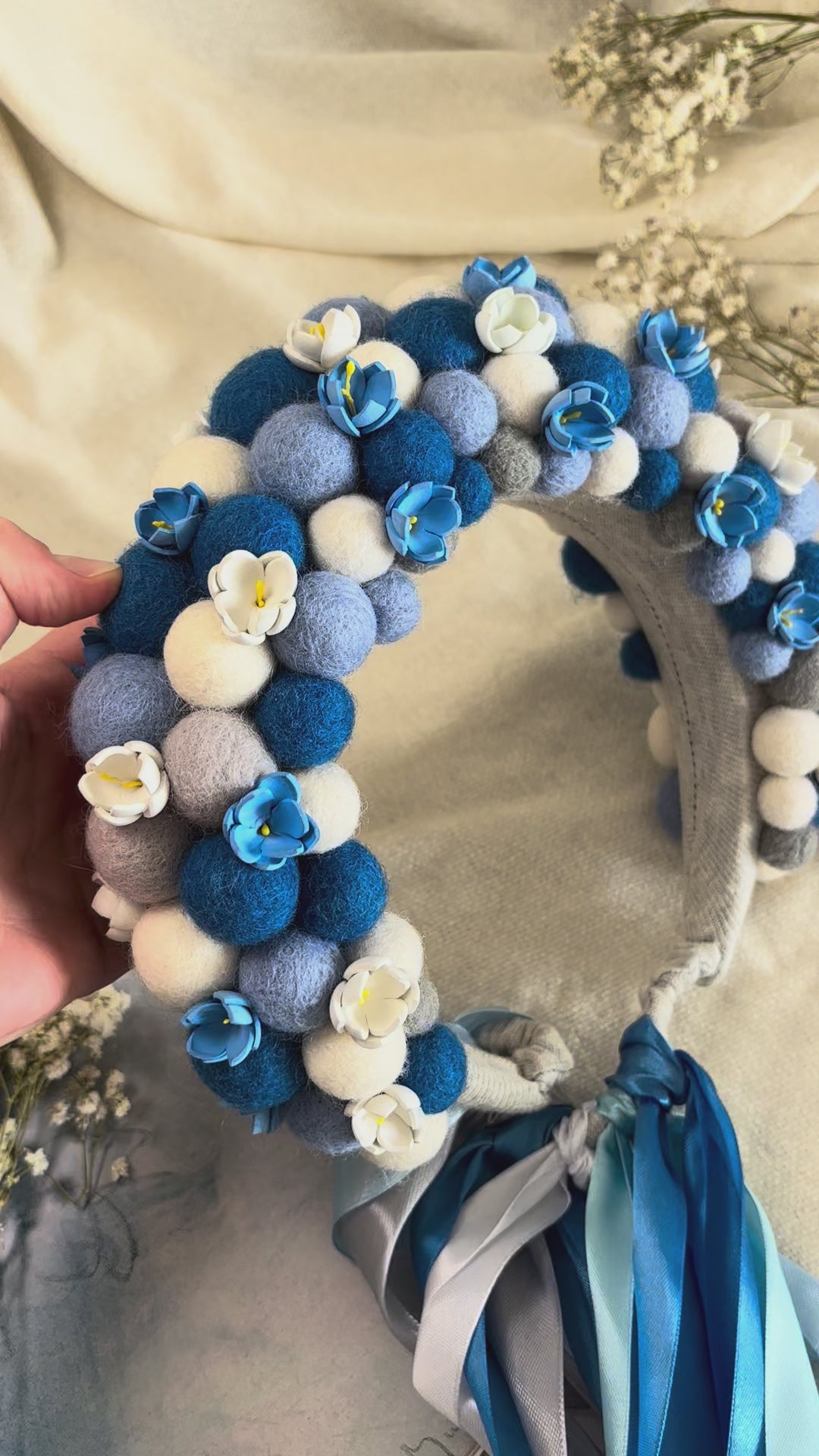 Blue and White Wool Ball Flower Crown with Satin Ribbons